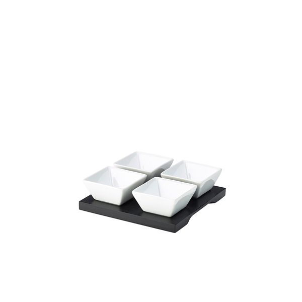 Picture of Genware Black Wooden Tray With 4 Dip Dishes