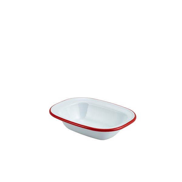 Picture of Enamel Rect. Pie Dish White with Red Rim 16cm