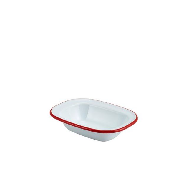 Picture of Enamel Rect. Pie Dish White with Red Rim 16cm