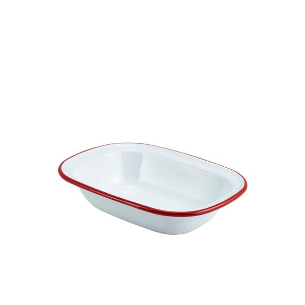 Picture of Enamel Rect. Pie Dish White with Red Rim 20cm