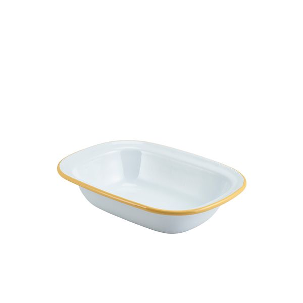 Picture of Enam Rect. Pie Dish White w Yellow Rim 20cm