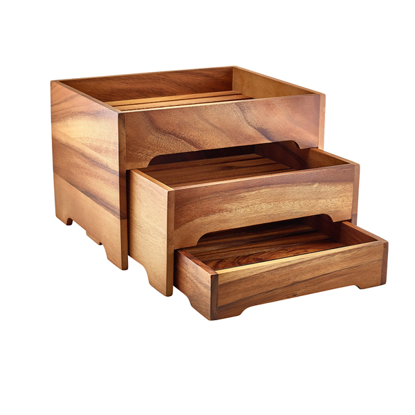 Picture of GenWare Acacia Wood 3 Tier Display Stand GN 1/2 26.5 x 32.5 x 22cm / 26.5 x 29.5 x 14cm / 26.5 x 26.5 x 6cm (L x W x H)