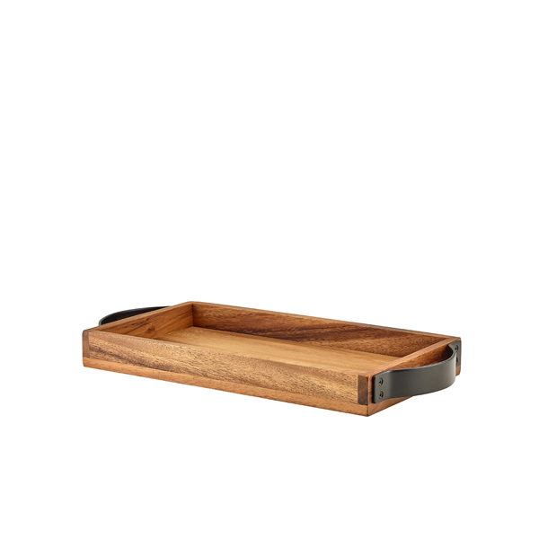 Picture of GenWare Acacia Wood Serving Tray with Metal Handles 32.5 x 17.5cm 32.5 x 17.5 x 3.5cm (L x W x H)