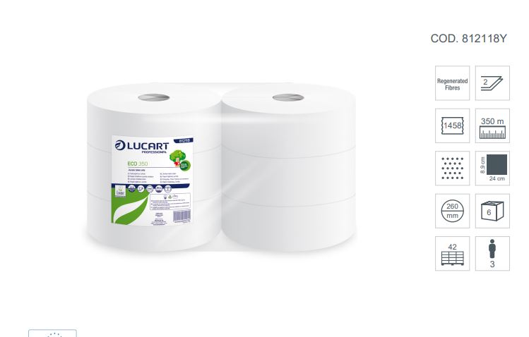 Picture of Lucart Eco Jumbo Toilet Roll 2 Ply, (812118) extra long 350m 