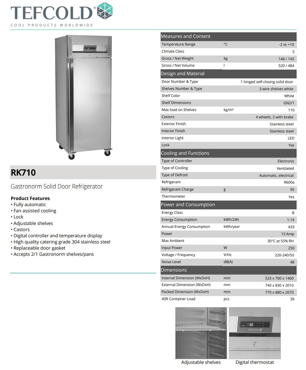 Picture of Tefcold upright fridge Gastronorm Solid Door Refrigerator