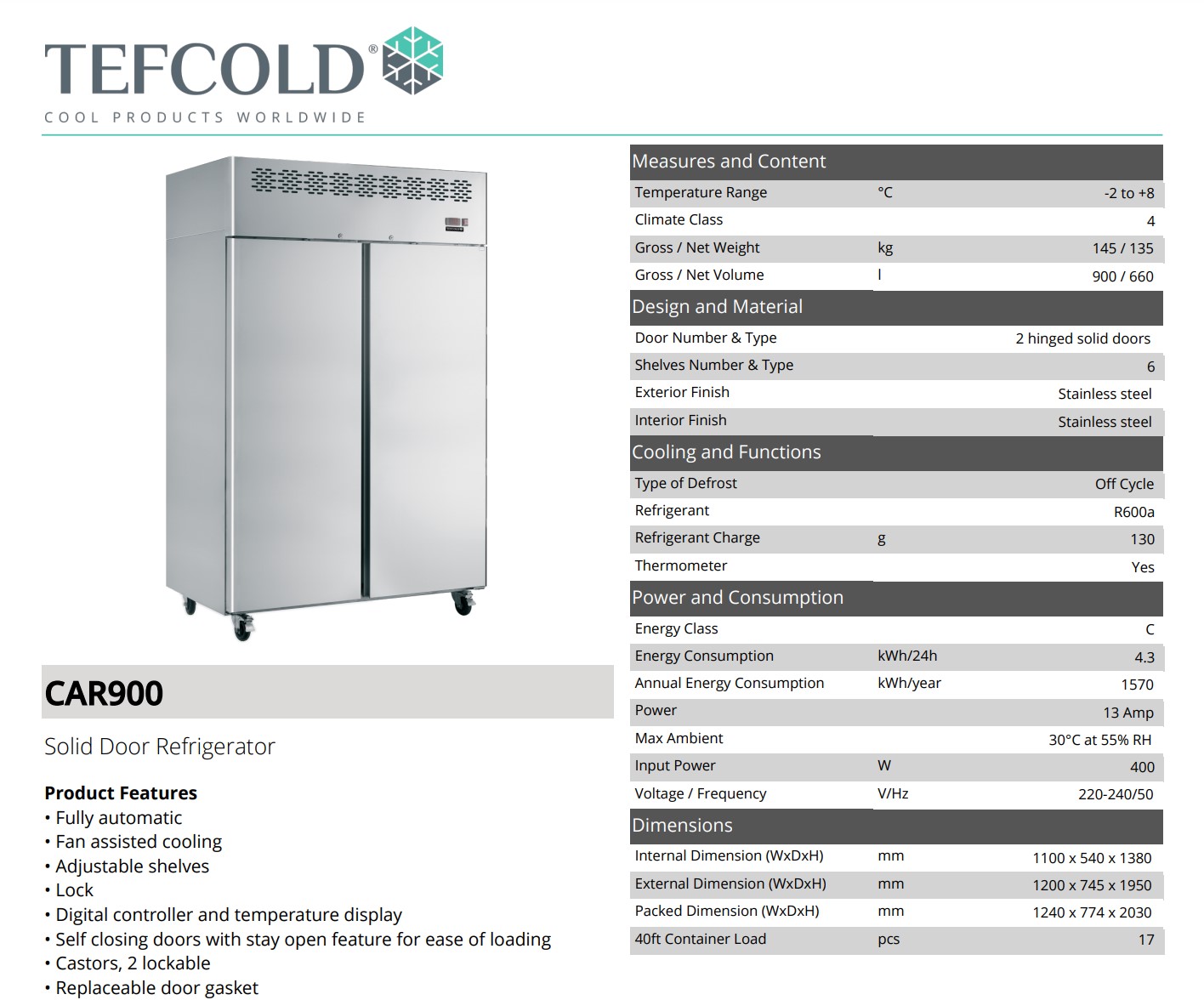 Picture of Tefcold Solid Double Door Upright Refrigerator 