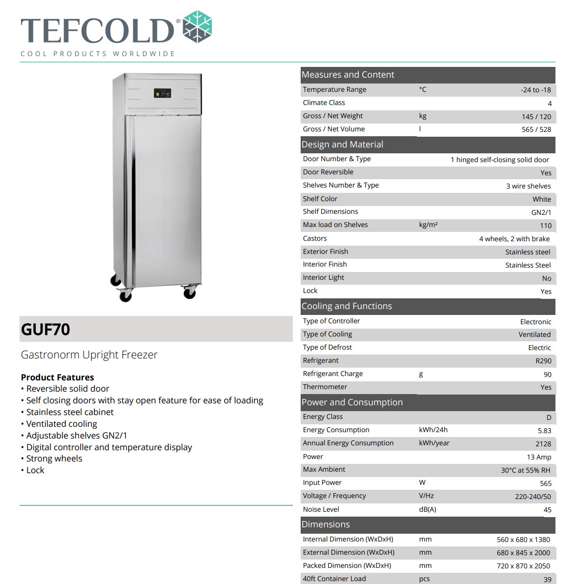 Picture of Tefcold upright freezer gastro size single door