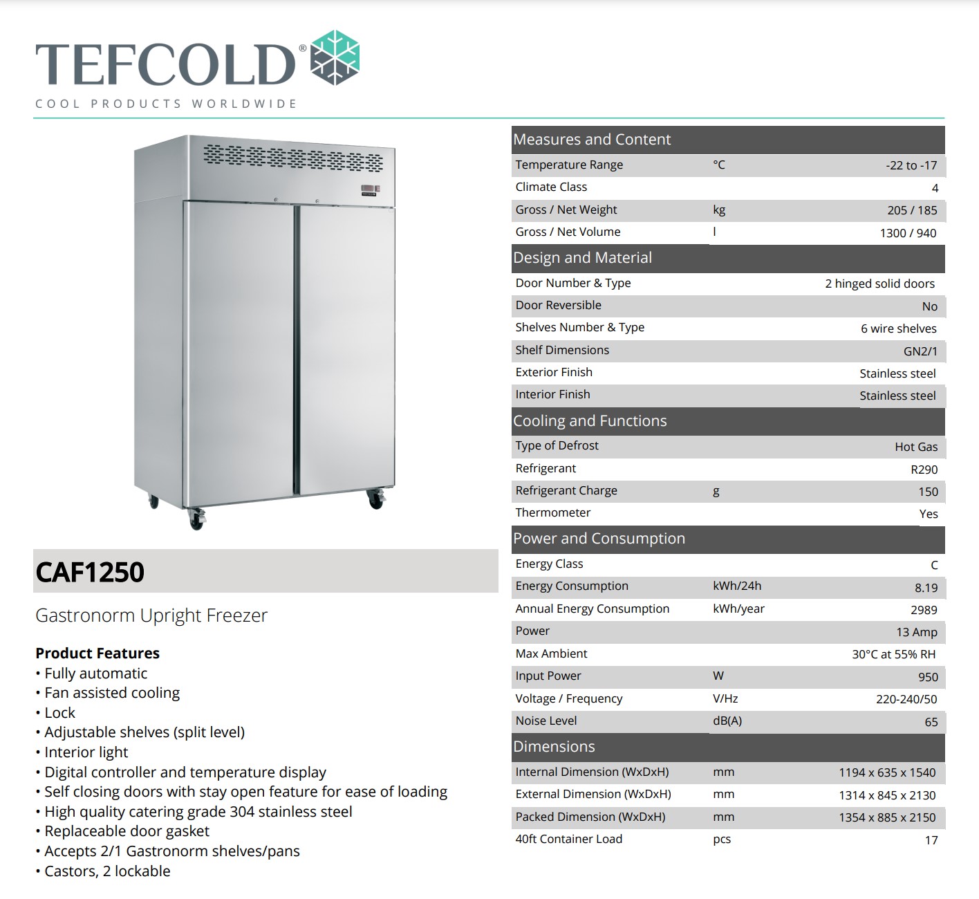 Picture of Tefcold upright freezer Gastro size CAF1250